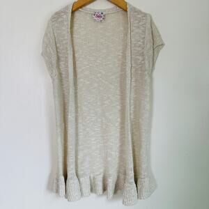 Justice Cream Shimmer Knit Ruffle Hem Open Front Cardigan Sz 12